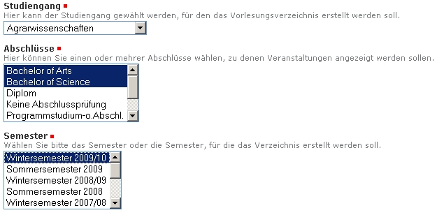 Auswahldialog bei der Erstellung des Verzeichnis