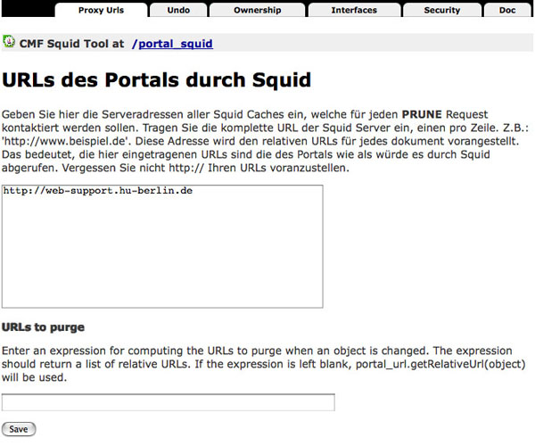 Erster Abschnitt des Portal Squid Tool in Zope